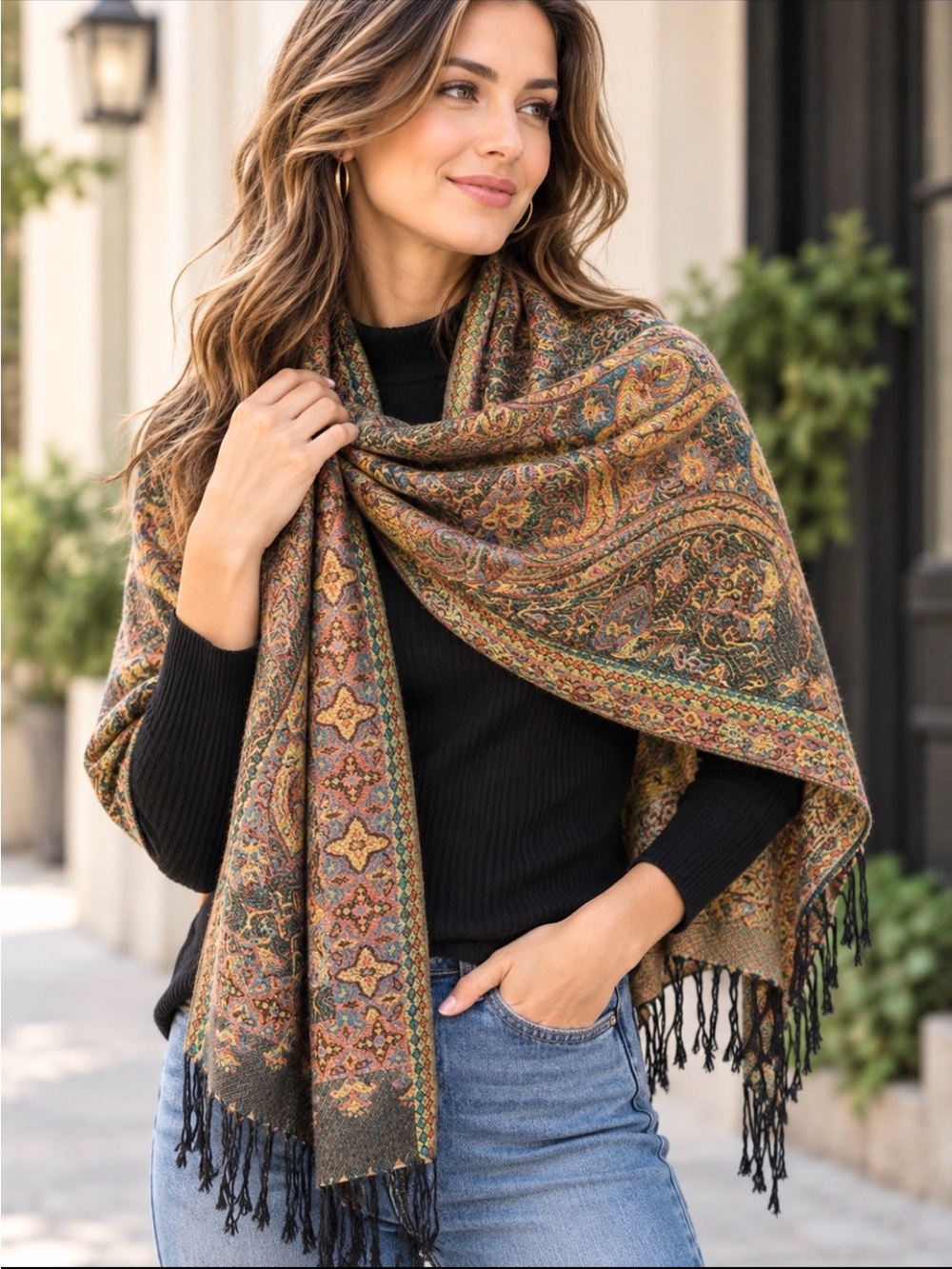 Reversible 100% Pashmina Cashmere Silk Scarf | Shawl w/ Fringe. Luxe | Colorful